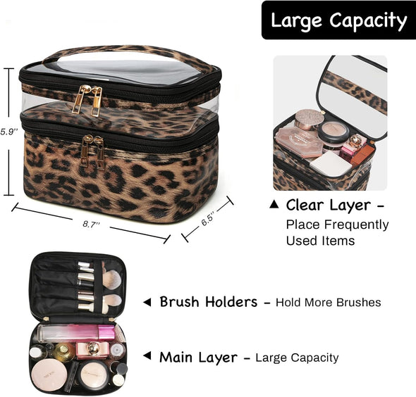 Double-Layer Cosmetic Bag Makeup Bag Travel Makeup Bag Makeup Bags for Women Cosmetics Cases Portable Waterproof Foldable (Leopard)