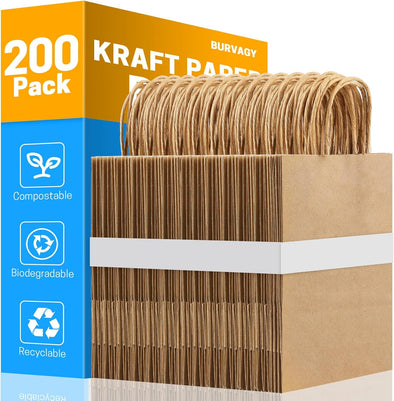 200Pcs Small Kraft Paper Gift Bags with Handles 5.25X3.25X8.25 Inches Bulk Grocery Retail Party Favor Shopping Bags (Brown)
