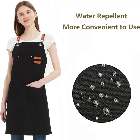 AFUN Chef Aprons for Women Men with Large Pockets, Cotton Canvas Cross Back Water Repellent Work Apron, Size M to XXL (Black)