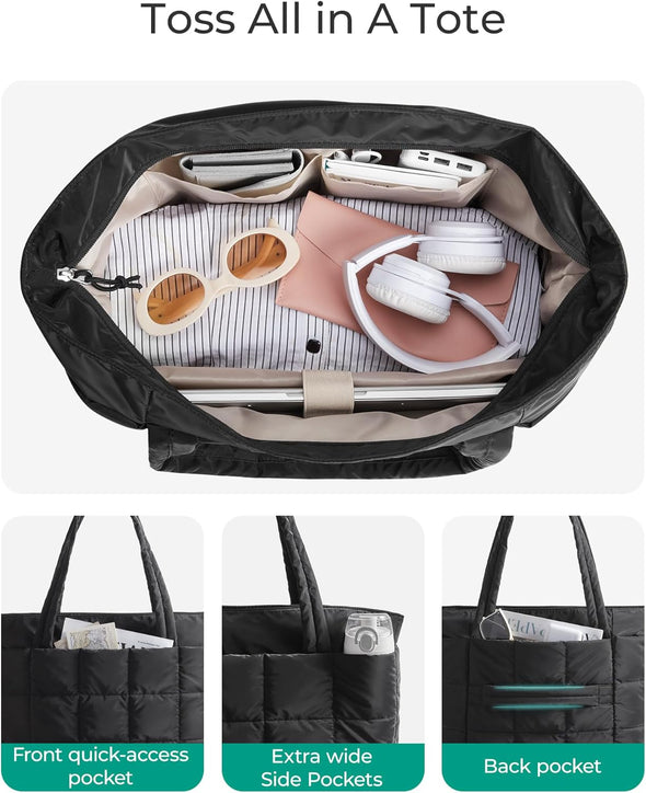 BAGSMART Expandable Tote Bag for Women, Zipper Puffer Work Tote with Water-Resistant Quilted, Nurse and Carry-On Travel Bag