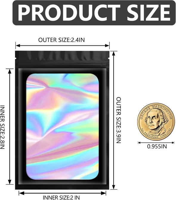 Funfery 100 Pcs Black Mylar Holographic Bags Packaging Bags,Clear Resealable Bag Foil Pouch Bag for Food Storage and Lipgloss,Jewelry,Eyelash Packaging for Small Business(2.4X3.9Inch)
