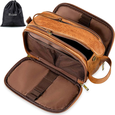 Elviros Travel Toiletry Bag for Men, Shaving Dopp Kit Water-Resistant Bathroom Small Toiletries Organizer PU Leather Cosmetic Bags