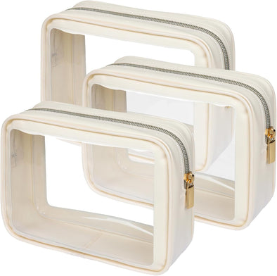 PACKISM Clear Makeup Bag - Soft Plastic Color-Edged TSA Approved Toiletry Bag, Reusable Clear Toiletry Bags with Golden Zipper, Beige
