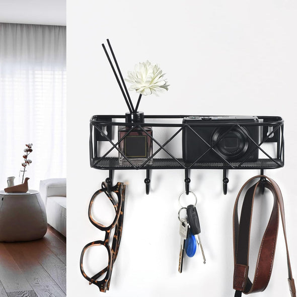 Happyhapi Key Holder for Wall Decorative, Entryway Key Hooks, Wall Mounted Key Rack with 5 Hooks, Metal Wire Mesh Basket Mail Holder, 9.8”Lx2.1”Wx4.1”H