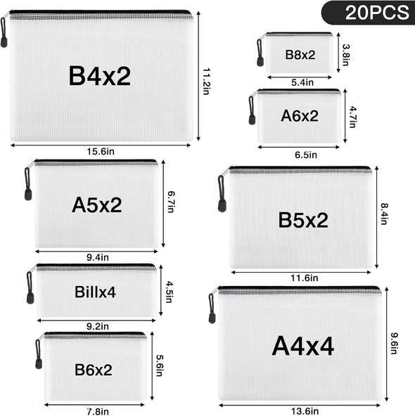 EOOUT 20Pcs Mesh Zipper Pouch 8 Sizes Waterproof Zipper Bags, Plastic Travel Pouch for Board Game Travel Storage School Supplies Office Appliances Home Organize