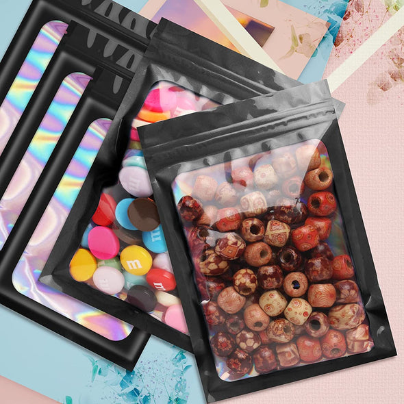 Funfery 100 Pcs Black Mylar Holographic Bags Packaging Bags,Clear Resealable Bag Foil Pouch Bag for Food Storage and Lipgloss,Jewelry,Eyelash Packaging for Small Business(2.4X3.9Inch)