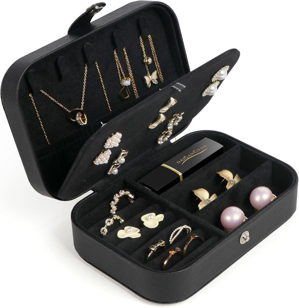 Travel Jewelry Box, Small Jewelry Organizer Boxes for Women Girls, 2 Layer Travel Jewlery Case, PU Leather Mini Portable Jewerly Storage Display Holder for Earrings, Ring, Necklaces, Bracelets - Black
