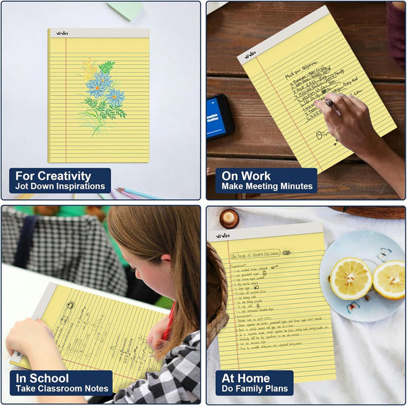 Vivin Legal Pads 8.5 X 11 Inch, Wide Ruled Note Pads, 12 Pack, 50 Sheet/Pad, Perforated Writing Pads, Notepads for Office Home School, 600 Sheets, Canary Yellow Paper