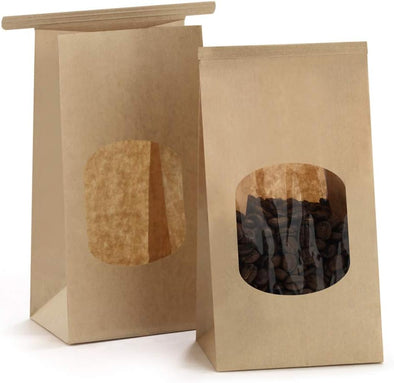 Bagdream Small Bakery Bags with Window 50Pcs 3.54X2.36X6.7 Inches Window Tin Tie Tab Lock Kraft Brown Paper Bags for Coffee Bean, Cookies, Treat, Snack