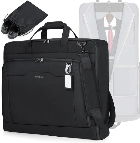 RAINSMORE Garment Bags for Travel Carry on Garment Bag for Hanging Clothes, Suit Bag for Business Trips with Shoes Bag & Shoulder Strap, Waterproof Foldable Suit Luggage Bag for Men Women, Black