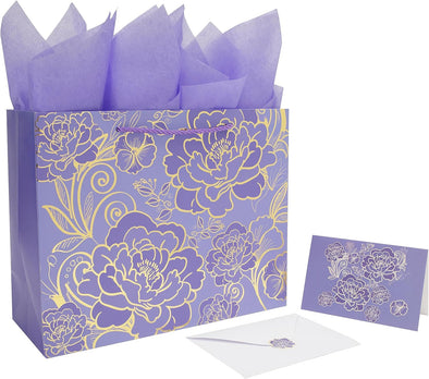 Qirrmiy 13" Large Rose Purple Gift Bag Set with Greeting Card and Tissue Paper for Women or Girls for Celebrating Birthdays, Valentine'S Day, Weddings, Anniversaries, Mother'S Day