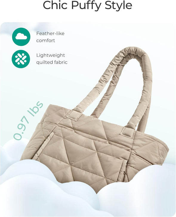 BAGSMART Tote Bag for Women, Puffy Tote Bag with Zipper, Large Quilted Shoulder Bag with Compartments for Travel, Work, Gym