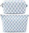 2 Pieces Makeup Bag Large Checkered Cosmetic Bag Capacity Canvas Mix Travel Toiletry Bag Organizer Cute Makeup Brushes Aesthetic Accessories Storage Bag for Women, Checkered Mix Blue