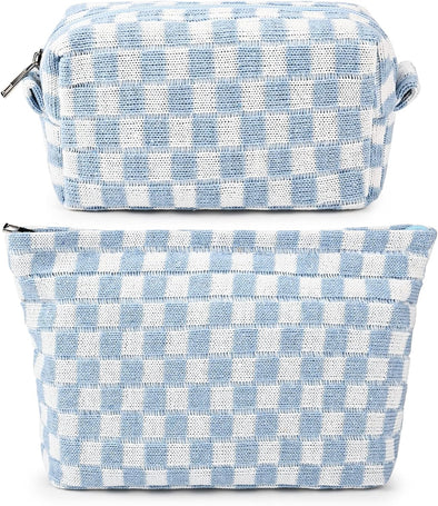 2 Pieces Makeup Bag Large Checkered Cosmetic Bag Capacity Canvas Mix Travel Toiletry Bag Organizer Cute Makeup Brushes Aesthetic Accessories Storage Bag for Women, Checkered Mix Blue