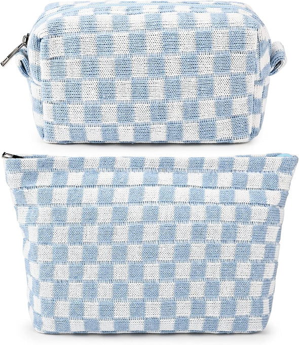 2 Pieces Makeup Bag Large Checkered Cosmetic Bag Capacity Canvas Mix Travel Toiletry Bag Organizer Cute Makeup Brushes Aesthetic Accessories Storage Bag for Women, Checkered Mix Blue