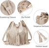 Leather Bucket Bags for Women Crossbody Fringe Purses with Drawstring Ladies Tassel Hobo and Shoulder Handbags