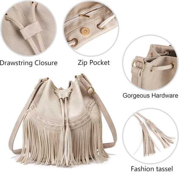 Leather Bucket Bags for Women Crossbody Fringe Purses with Drawstring Ladies Tassel Hobo and Shoulder Handbags
