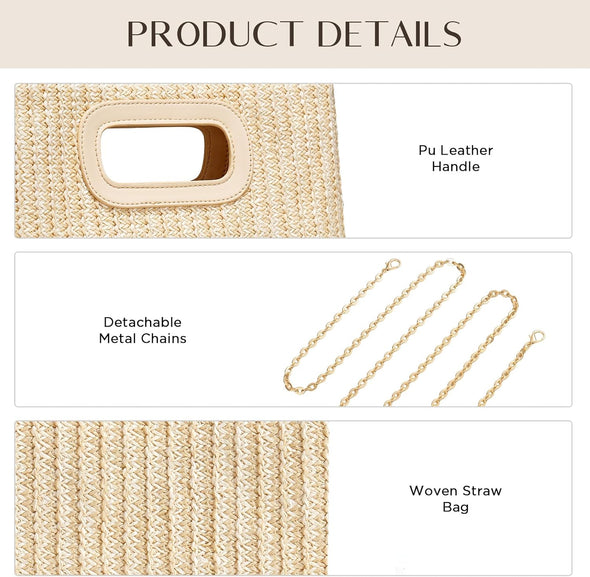 Chic Straw Clutch Purses for Women with Top Handle Summer Bag, Ideal Vacation Handbags and Woven Boho Beach Bags