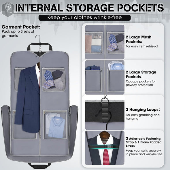 RAINSMORE Garment Bags for Travel Carry on Garment Bag for Hanging Clothes, Suit Bag for Business Trips with Shoes Bag & Shoulder Strap, Waterproof Foldable Suit Luggage Bag for Men Women, Black