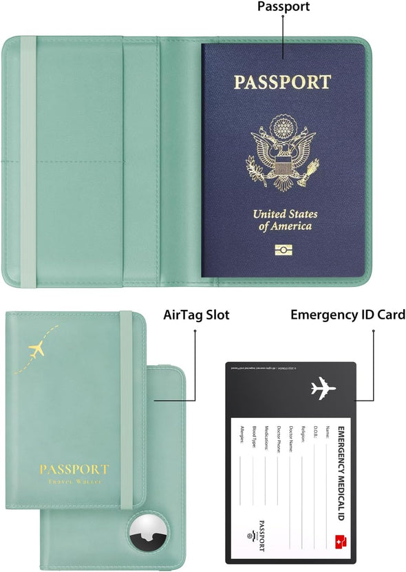 Stouchi Airtag Passport Holder, Cute Passport Holder with Airtag Slot, RFID Passport Wallet Cover for Women, Family Leather Passport Protector Case, Anti-Lost Travel Essentials, Sky Blue