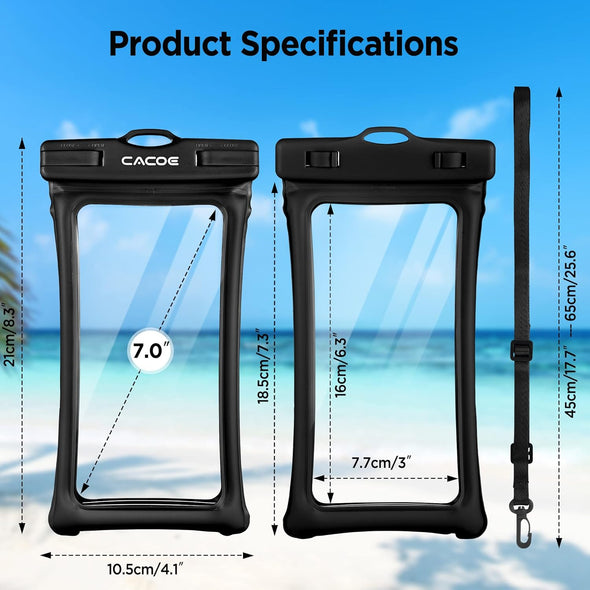 CACOE [Floatable] Floating Universal IPX8 Waterproof Phone Case 2 Pack-Up to 7.0",Adjustable Lanyard Phone Pouch,Cellphone Dry Bags for Vacation Beach Pool Kayak Cruise Travel Essentials（Black+Green）