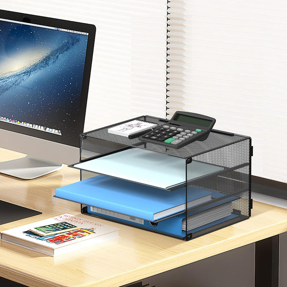DALTACK 3 Tier Letter Tray Paper Organizer Mesh Metal Desk File Organizer for Home & Office, Black