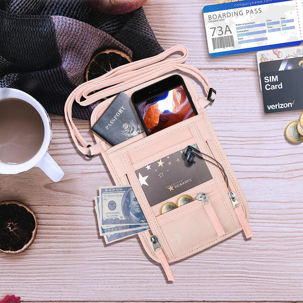 WALNEW Passport Holder Neck Pouch Travel Wallet for Women and Men, RFID Blocking Security Slim Traveling Wallet with around Neck Lanyard Strap