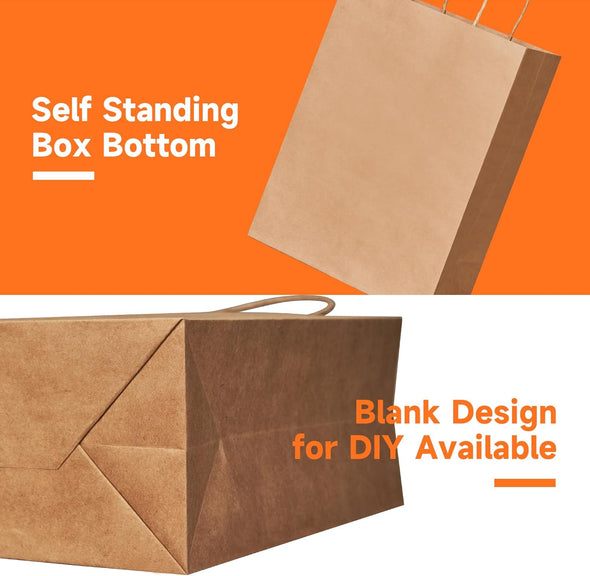 METAPRINT 100 Pack 8X4.5X10.8 Inch Medium Paper Gift Bags with Handles Bulk, Brown Kraft Paper Bags for Grocery Shopping Retail, Birthday, Party Favors, Wedding