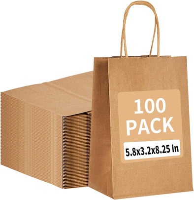 100 Pack 5.8X3.2X8.25 Inch Brown Kraft Paper Gift Bags with Handles - Bulk Small Plain Natural Bags for Birthday Party Favors, Grocery, Retail Shopping, Wedding, Craft, Goody, Takeouts, and Business