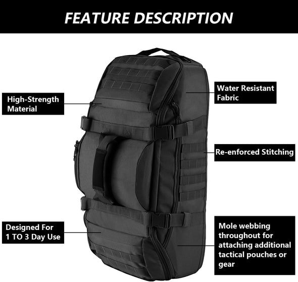 65L Large Duffle Bag, 3-In-1 Tactical Backpack MOLLE Pack for Sports, Gym, Outdoor, Black