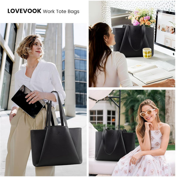 LOVEVOOK Laptop Tote for Women - 15.6 Inch Leather Laptop Bag with Clutch, Large Capacity Office Purse Computer Briefcase for Casual Business Travel, Black