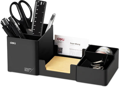 Deli Desk Organizer, Plastic Desktop Organizer with Pencil Holder and Sticky Note Tray, Office Stationery Supplies Organizers Accessories Caddy, 6 Compartments, Black