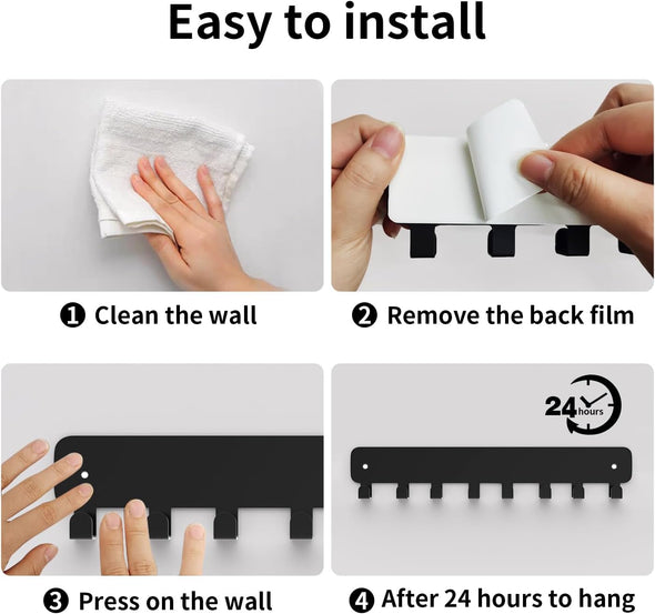 Pickpiff 1 Pack Key Holder for Wall Adhesive, Key Hooks with 8 Hooks Wall Mounted, Black Key Hangers for Wall Decor No Drill for Living Room, Kitchen, Office