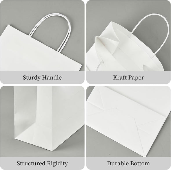 YEEHAW White Paper Bags with Handles Bulk 8"X4.5"X10.8" 100Pcs Gift Bags Medium Size, White Gift Bag with Handles Bulk for Retail, Party, Shopping, Merchandise