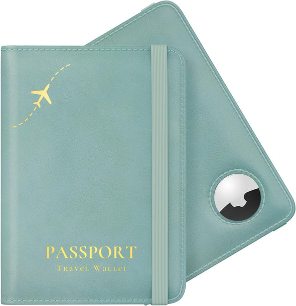 Stouchi Airtag Passport Holder, Cute Passport Holder with Airtag Slot, RFID Passport Wallet Cover for Women, Family Leather Passport Protector Case, Anti-Lost Travel Essentials, Sky Blue