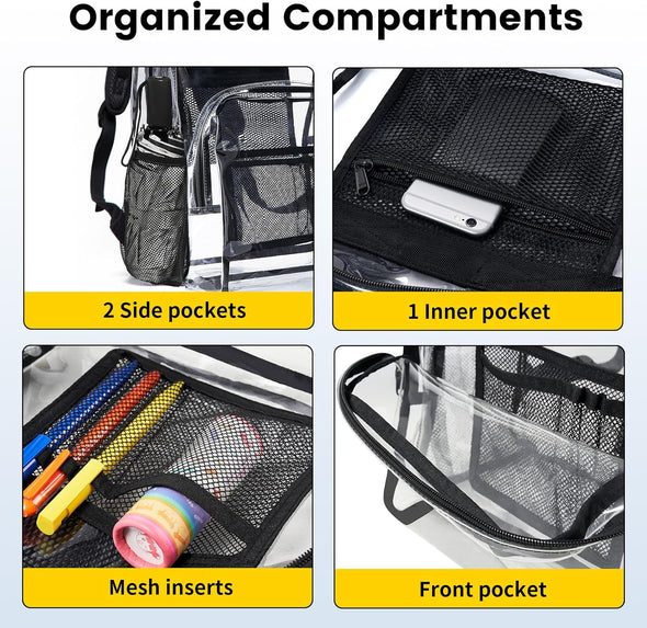 Vorspack Clear Backpack Heavy Duty PVC Transparent Backpack with Reinforced Strap Stitches & Large Capacity for College Workplace Security - Black
