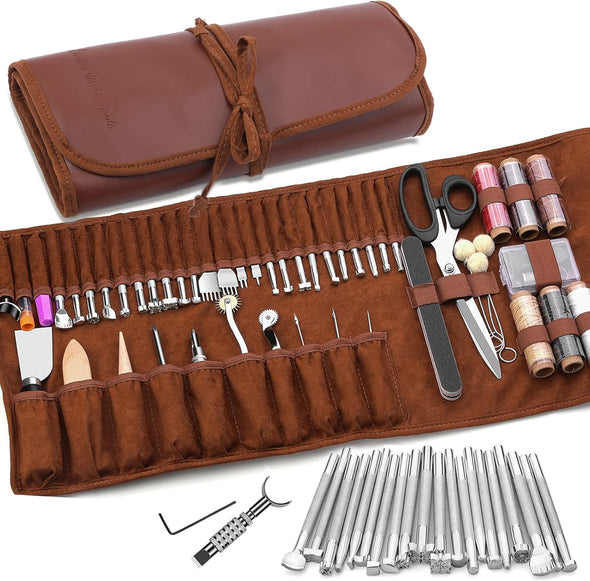 Leather Working Tools Leather Craft Tools for Carving Stamping Sewing Punching Cutting with Custom Custom Storage Bag Professional Tooling Kit for Crafting, Repair & DIY Projects