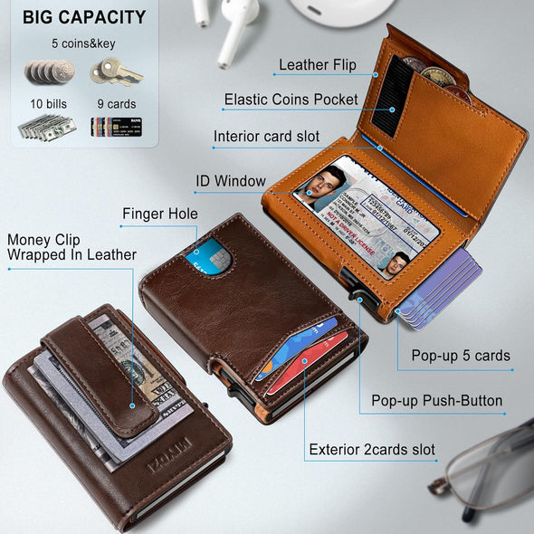 Men Wallet,With Money Clip Coins Pocket ID Window,Slim Front Pocket RFID Blocking Pop-Up Card Holder 3.9"X 2.7", Gift Boxed