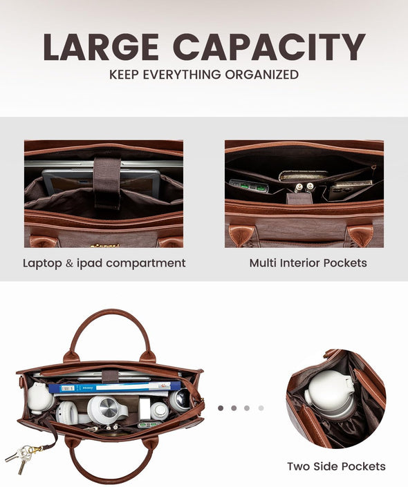 LOVEVOOK Laptop Tote Bag for Women, Vintage Leather Work Bag with Cup Holder, Waterproof Computer Purse, Professional Briefcase Office Shoulder Handbag, 15.6 Inch, Brown