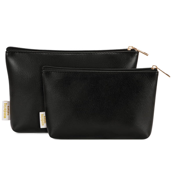 Wandering Nature Makeup Bag Small Cosmetic Bag for Purse 2 Pack Small Make up Pouch Vegan Leather Cute Travel Pouch with Zipper for Women, Black