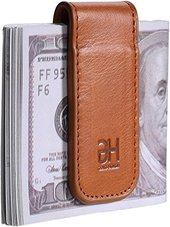 Slim Magnetic Money Clip Leather Minimalist Business Card Holder for Men, Brown