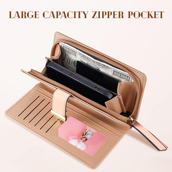 Women'S Long Leaf Bifold Wallet Leather Card Holder Purse Zipper Buckle Elegant Clutch Wallet Handbag for Women - Pink