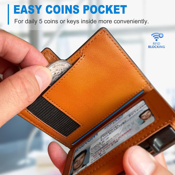 Men Wallet,With Money Clip Coins Pocket ID Window,Slim Front Pocket RFID Blocking Pop-Up Card Holder 3.9"X 2.7", Gift Boxed