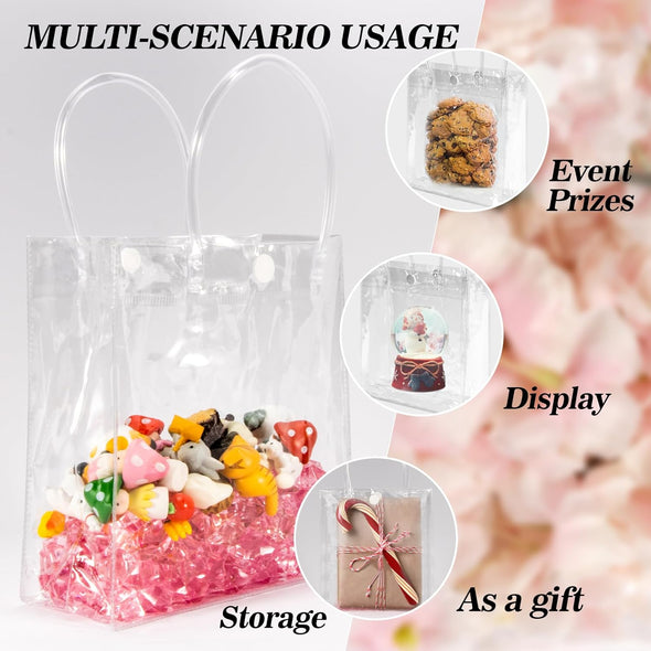 MAQIHAN Clear PVC Gift Bags with Handles 10 PCS PVC Party Favor Bags Transparent Party Favour Plastic Gift Bags 5.9X6.3 Inches Clear Mini Tote Goodie Bag Bulk PVC Plastic Bags with Handles for Gifts
