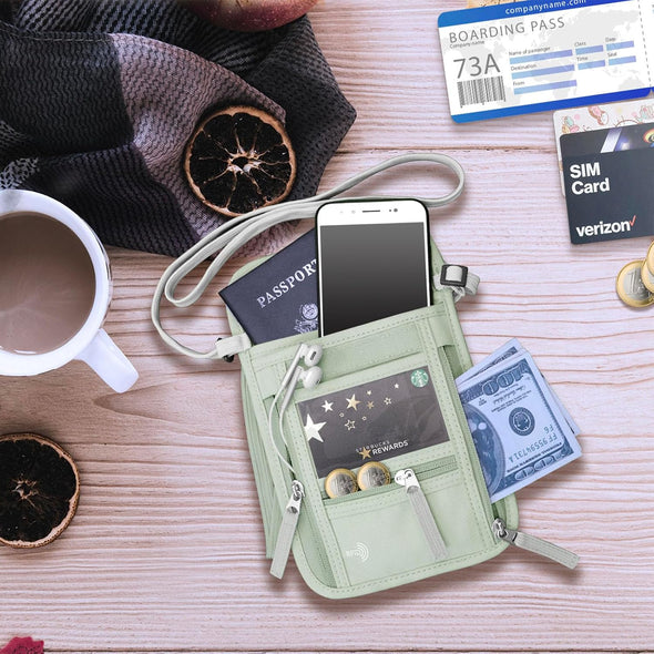 WALNEW Passport Holder Neck Pouch Travel Wallet for Women and Men, RFID Blocking Security Slim Traveling Wallet with around Neck Lanyard Strap