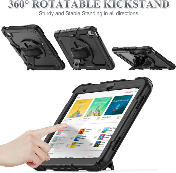 SEYMAC Stock Case for Ipad (A16) 11Th/10Th Generation 11''/10.9'' 2025/2022, Full-Body Drop Protection Case with Screen Protector &360° Rotate Hand Strap/Stand, Black