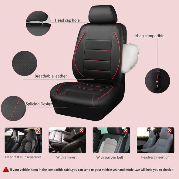 CAR PASS Universal FIT Piping Leather Two Front Seat Covers, Waterproof Faux Leather for SUV Sedan Van Truck, Airbag Compatible,Reserved Opening Holes for Headrest Covers. (Black Red)