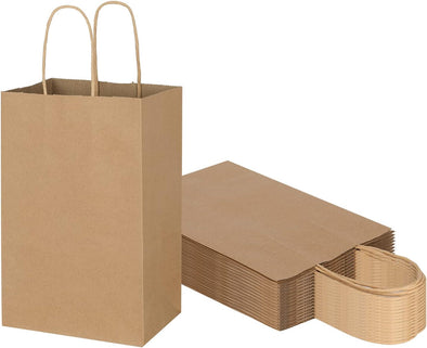 Toovip 25 Pack 5.25X3.25X8.25 Inch Small Plain Brown Kraft Paper Bags with Handles Bulk, Gift Bags for Favor Grocery Retail Party Birthday Shopping Business Goody Craft Merchandise Take Out Sacks