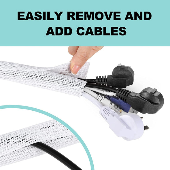 AGPTEK White Cable Sleeve Cover, 2 Pack 5Ft - 1.2 Inch Desk Cord Organizer Cable Hider, Home Office Wire Management Computer TV Wire Loom Tubing, Pet Proof Cord Protector, from Cat Dog Chewing, White