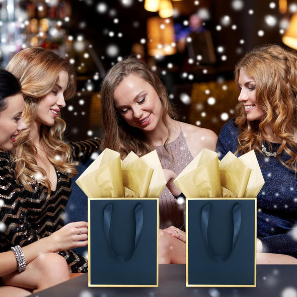 Yeaqee 24 Pack Metallic Paper Gift Bags with Handle and Tissue 9X7X3.1 Welcome Gift Thank You Bags for Wedding Father'S Day Bridal Shower Groomsmen Birthday Party(Navy Blue, Gold)